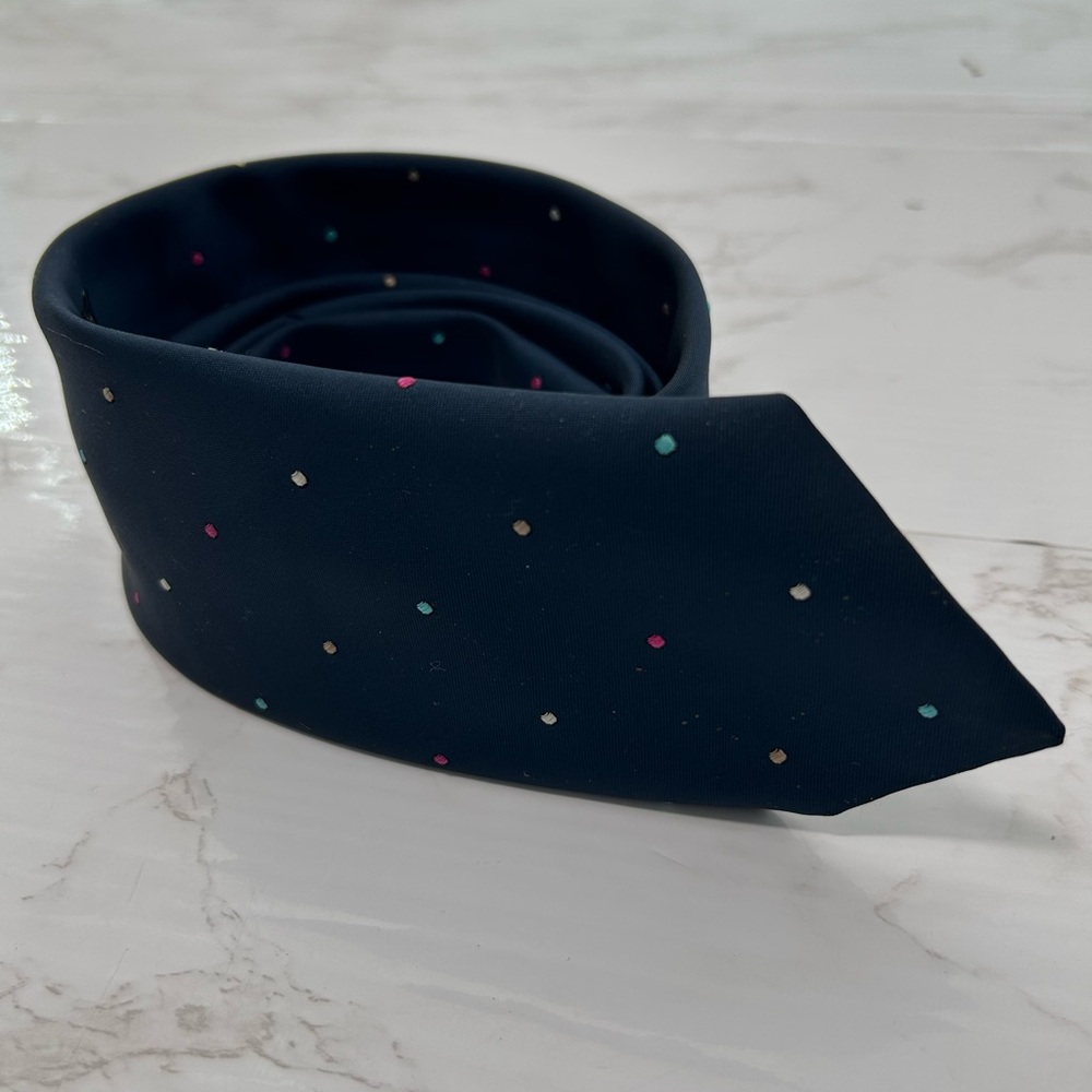 VINTAGE HENNESSY COUTURE Navy Polka Dot Silk Blend Tie
